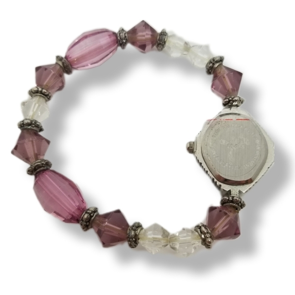 VINTAGE SILVERTONED & PURPLE /WHITE CRYSTAL BEADED LADIES WATCH - Picture 7 of 7